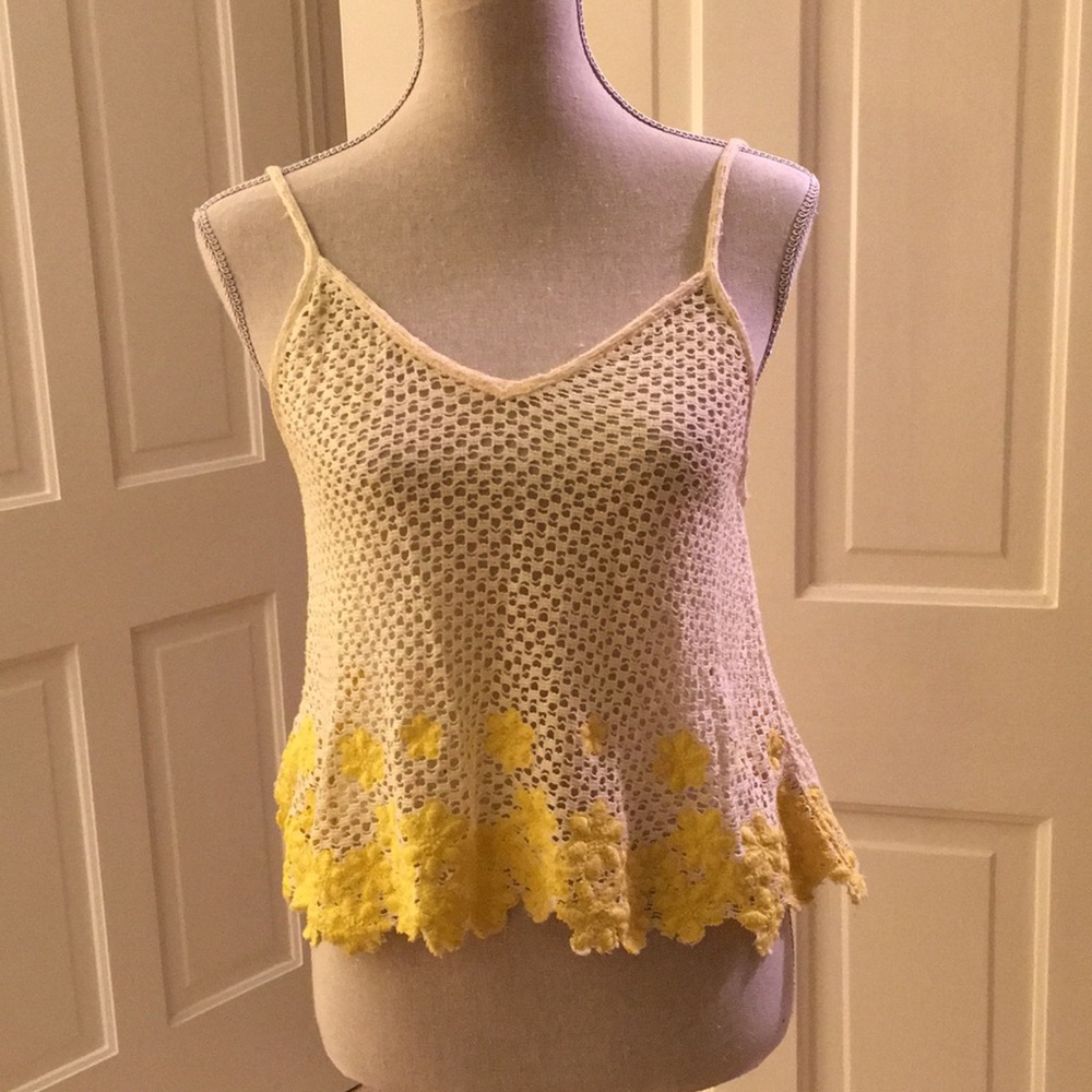 Free People Yellow Tank Top w/ flower needlepoint